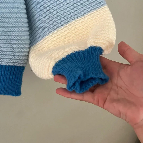 Womens Blue Ivory Knit Sweater Small Balloon Long Sleeve Mock Neck Colorblock - Picture 3 of 7